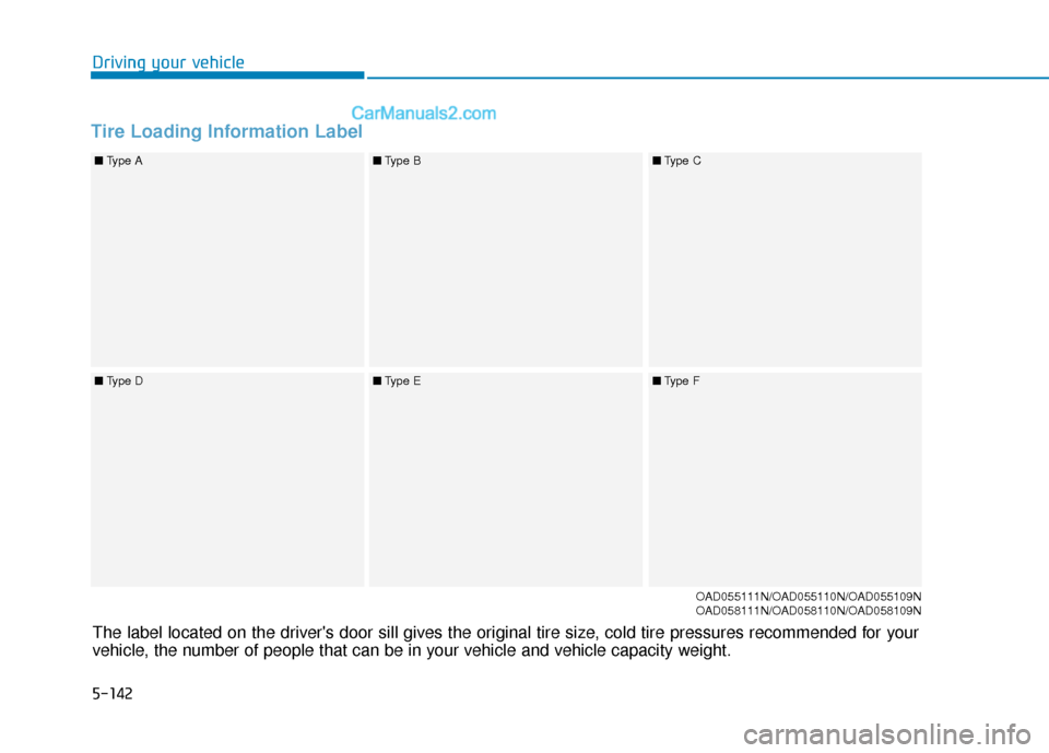 Hyundai Elantra 2019  Owners Manual 5-142
Driving your vehicle
Tire Loading Information Label
■Type A
■Type D
■Type B
■Type E
■Type C
■Type F
OAD055111N/OAD055110N/OAD055109N
OAD058111N/OAD058110N/OAD058109N
The label locate
