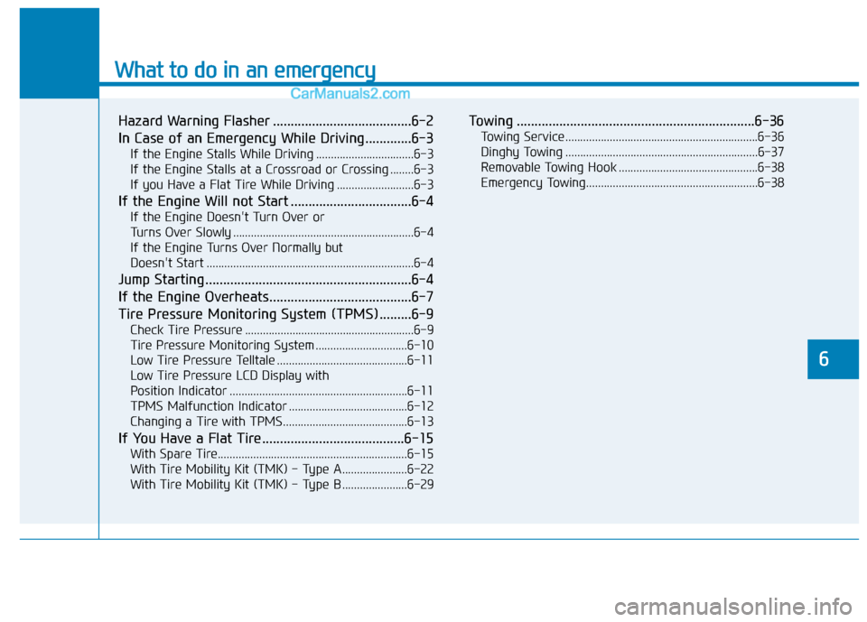 Hyundai Elantra 2019  Owners Manual What to do in an emergency
6
Hazard Warning Flasher .......................................6-2
In Case of an Emergency While Driving.............6-3
If the Engine Stalls While Driving ................