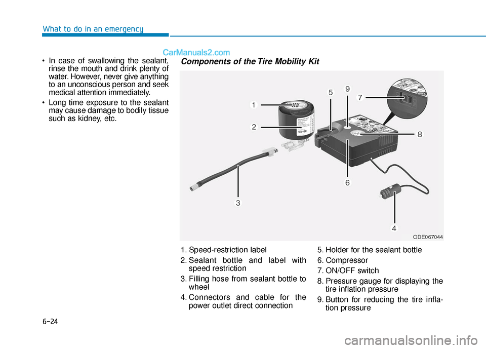 Hyundai Elantra 2019  Owners Manual 6-24
What to do in an emergency
 In case of swallowing the sealant, rinse the mouth and drink plenty of
water. However, never give anything
to an unconscious person and seek
medical attention immediat