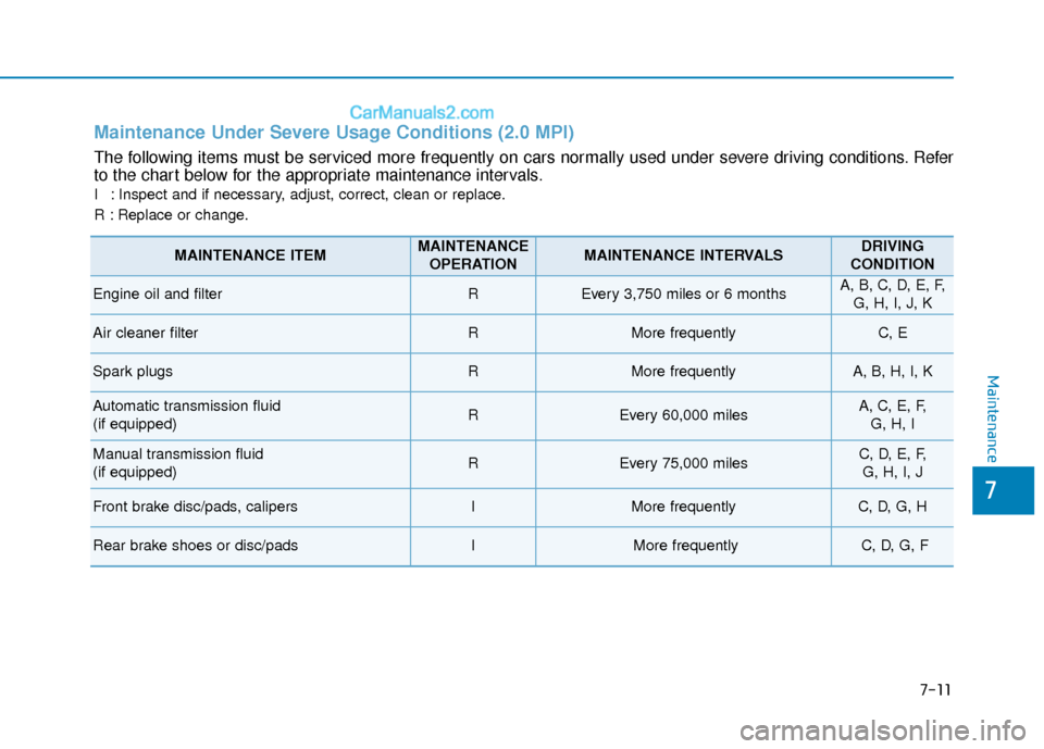 Hyundai Elantra 2019 Owners Manual 7-11
7
Maintenance
Maintenance Under Severe Usage Conditions (2.0 MPI)
The following items must be serviced more frequently on cars normally used under severe driving conditions. Refer
to the chart be Hyundai Elantra 2019 Owners Manual 7-11
7
Maintenance
Maintenance Under Severe Usage Conditions (2.0 MPI)
The following items must be serviced more frequently on cars normally used under severe driving conditions. Refer
to the chart be
