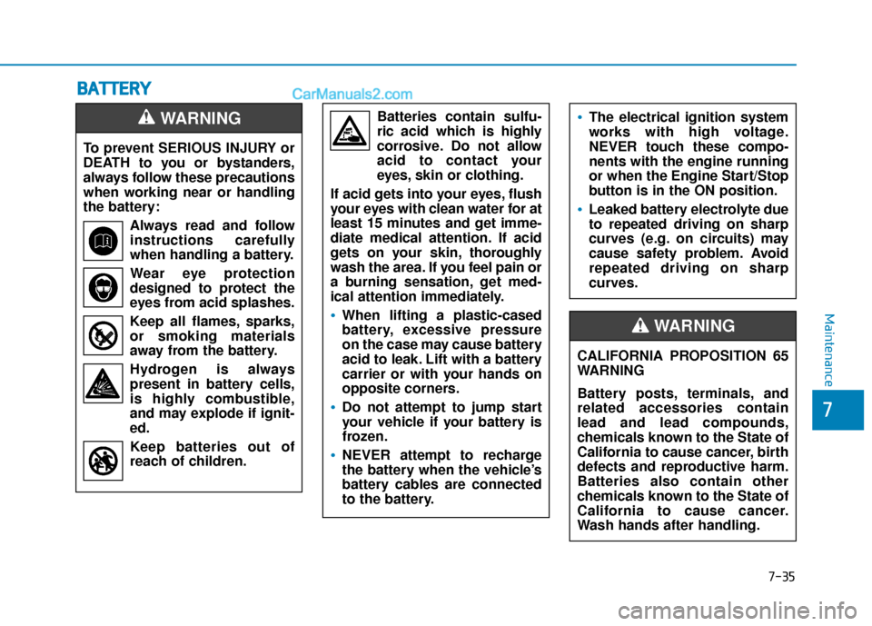 Hyundai Elantra 2019  Owners Manual 7-35
7
Maintenance
B
BA
A T
TT
TE
ER
R Y
Y
To prevent SERIOUS INJURY or
DEATH to you or bystanders,
always follow these precautions
when working near or handling
the battery:
Always read and follow
in