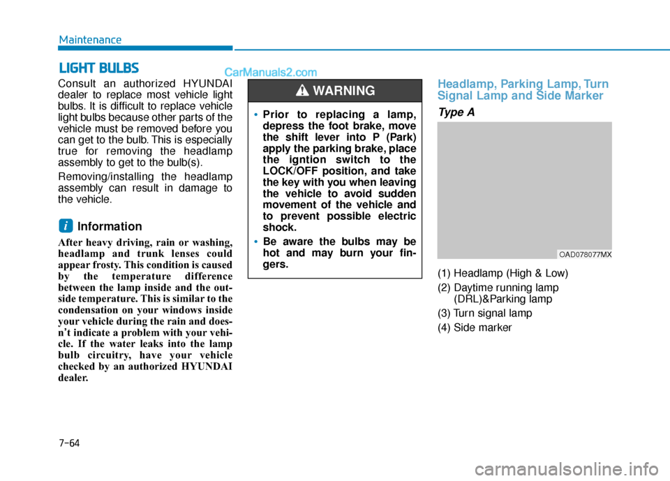 Hyundai Elantra 2019  Owners Manual 7-64
Maintenance
L
LI
IG
G H
H T
T 
 B
B U
U L
LB
B S
S
Consult an authorized HYUNDAI
dealer to replace most vehicle light
bulbs. It is difficult to replace vehicle
light bulbs because other parts of 