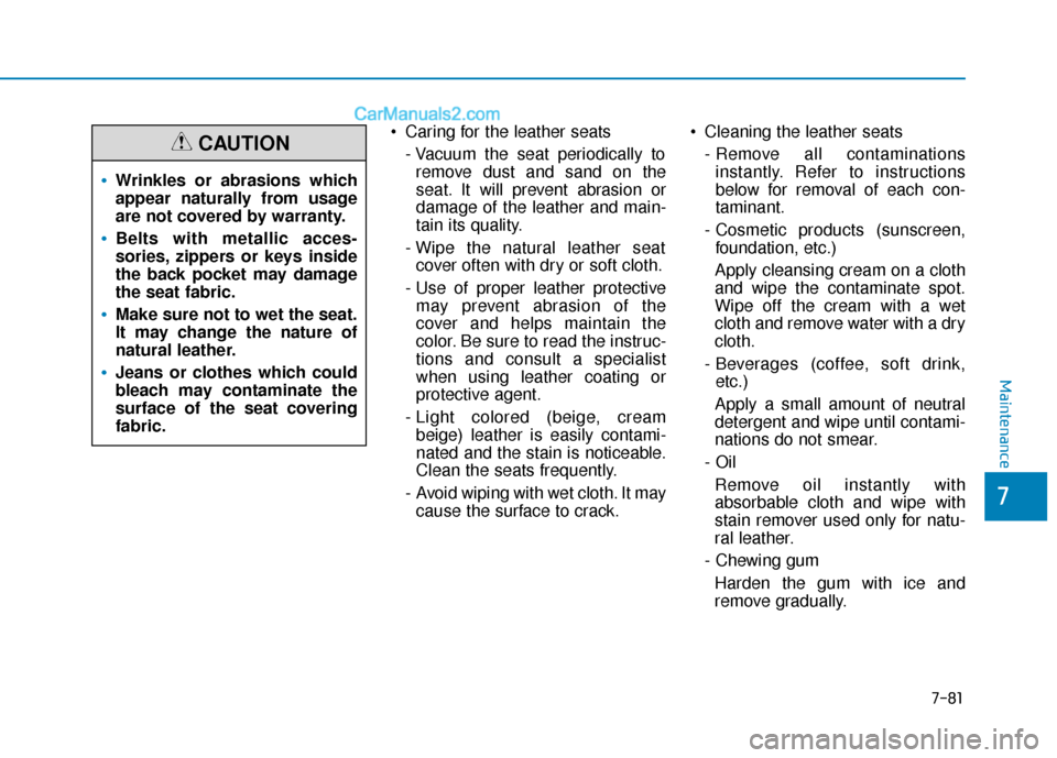 Hyundai Elantra 2019  Owners Manual 7-81
7
Maintenance
 Caring for the leather seats- Vacuum the seat periodically toremove dust and sand on the
seat. It will prevent abrasion or
damage of the leather and main-
tain its quality.
- Wipe 