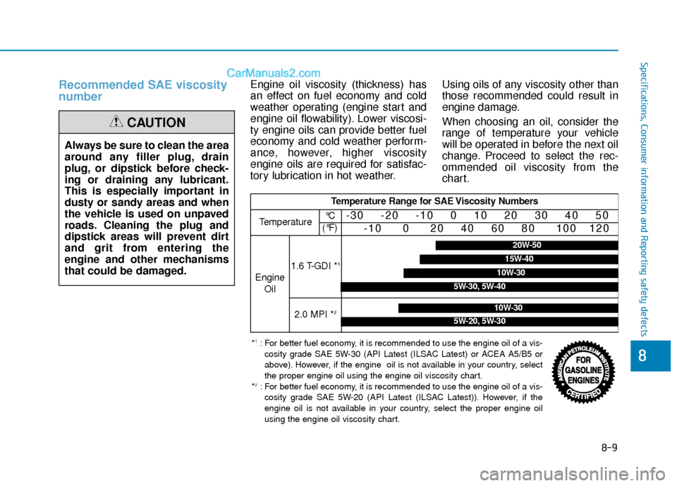 Hyundai Elantra 2019 Owners Manual 8-9
88
Specifications, Consumer information and Reporting safety defects
Recommended SAE viscosity
number Engine oil viscosity (thickness) has
an effect on fuel economy and cold
weather operating (eng Hyundai Elantra 2019 Owners Manual 8-9
88
Specifications, Consumer information and Reporting safety defects
Recommended SAE viscosity
number Engine oil viscosity (thickness) has
an effect on fuel economy and cold
weather operating (eng