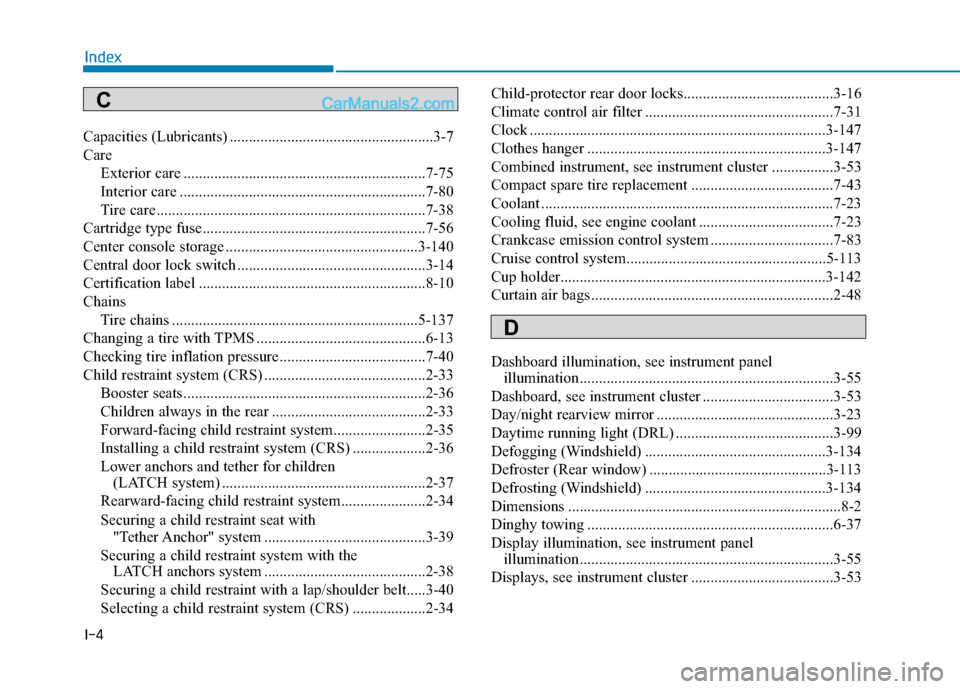 Hyundai Elantra 2019  Owners Manual I-4
Capacities (Lubricants) .....................................................3-7
CareExterior care ...............................................................7-75
Interior care ...............