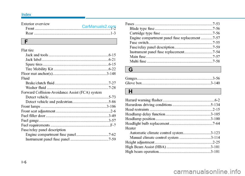 Hyundai Elantra 2019  Owners Manual I-6
Exterior overviewFront ........................................................................\
.....1-2
Rear ........................................................................\
......1-3
F