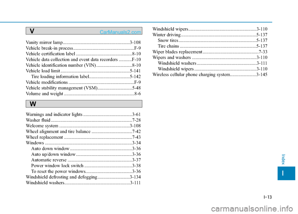 Hyundai Elantra 2019 Owners Manual I-13
Vanity mirror lamp........................................................3-108
Vehicle break-in process ...................................................F-9
Vehicle certification label ....... Hyundai Elantra 2019 Owners Manual I-13
Vanity mirror lamp........................................................3-108
Vehicle break-in process ...................................................F-9
Vehicle certification label .......