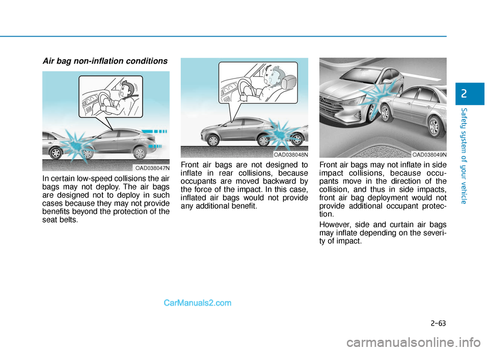 Hyundai Elantra 2019 Manual PDF 2-63
Safety system of your vehicle
2
Air bag non-inflation conditions 
In certain low-speed collisions the air
bags may not deploy. The air bags
are designed not to deploy in such
cases because they m
