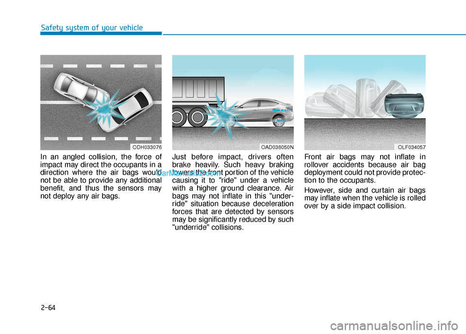 Hyundai Elantra 2019  Owners Manual 2-64
Safety system of your vehicle
In an angled collision, the force of
impact may direct the occupants in a
direction where the air bags would
not be able to provide any additional
benefit, and thus 