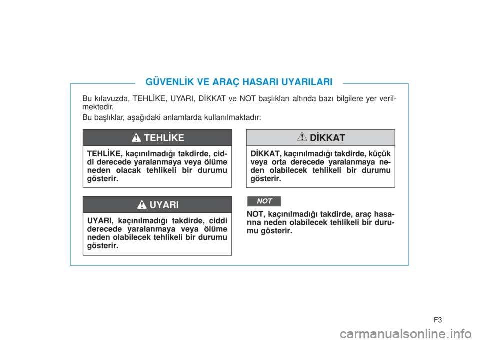 Hyundai Elantra 2019  Kullanım Kılavuzu (in Turkish) F3
Bu kılavuzda, TEHLİKE, UYARI, DİKKAT ve NOT başlıkları altında bazı bilgilere yer veril-
mektedir.
Bu başlıklar, aşağıdaki anlamlarda kullanılmaktadır: 
GÜVENLİK VE ARAÇ HASARI UY