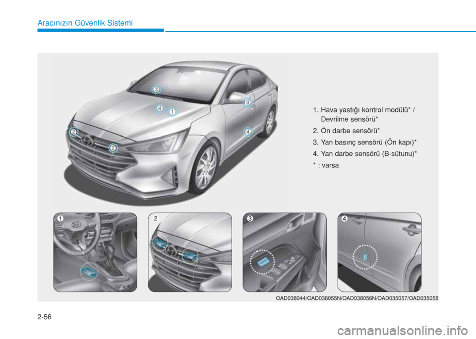Hyundai Elantra 2019  Kullanım Kılavuzu (in Turkish) 2-56
Aracınızın Güvenlik Sistemi
1. Hava yastığı kontrol modülü* /
Devrilme sensörü*
2. Ön darbe sensörü*
3. Yan basınç sensörü (Ön kapı)*
4. Yan darbe sensörü (B-sütunu)*
* : v