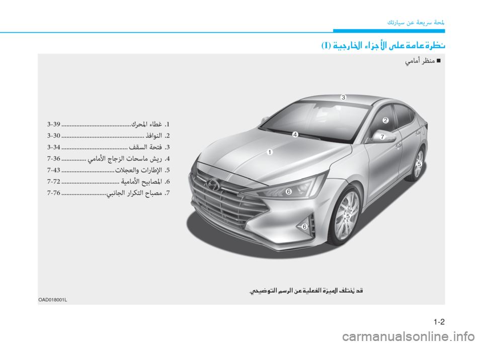 Hyundai Elantra 2019  دليل المالك 1-2
ﻚﺗرﺎﻴﺳ ﻦﻋ ﺔﻌﻳﴎ ﺔﺤﳌ
OAD018001L
(I)�ن�a�®�ﺨ�ق�ﺷ�بي�ﳌ�ن�؟�ﳌ�ﰲ�ﺨ�ﺲ�ﳌ�ن�خ�6�ﺞ�ن�a�ؤ�ﺷ�ﺞ�ن�s�ﱃ�ثر�C
3-39 ..............................