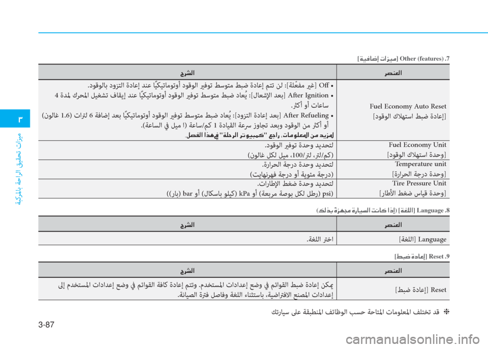 Hyundai Elantra 2019  دليل المالك 3-87
�د
ﺔﺒﻛﺮﳌﺎﺑ ﺔﺣاﺮﻟا ﻖﻴﻘﺤﺗ تاﺰﻴﻣ
[�a�®�بم�ﺷ�ﻐ�ﻷ�ن�ير�ﳌ�ﰲ�®�ؤ] Other (features)�ن.7
�ﱃ�ﺜ�W�3�ﴫ�ﳌ �I�ﱃ�ﻄ�ﴫ�ﳌ
Fuel Economy 