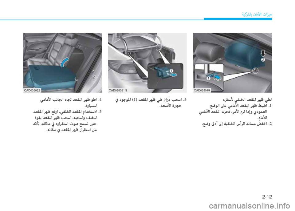 Hyundai Elantra 2019  دليل المالك 2-12
ﺔﺒﻛﺮﳌﺎﺑ نﺎﻣﻷا تاﺰﻴﻣ
OAD035019 OAD038021N
:ﻞﻔﺳﻷ ﻲﻔﻠﺨﻟا ﺪﻌﻘﳌا ﺮﻬﻇ ﻲﻄﻟ
 ﻊﺿﻮﻟا ﲆﻋ ﻲﻣﺎﻣﻷا ﺪﻌﻘﳌا 