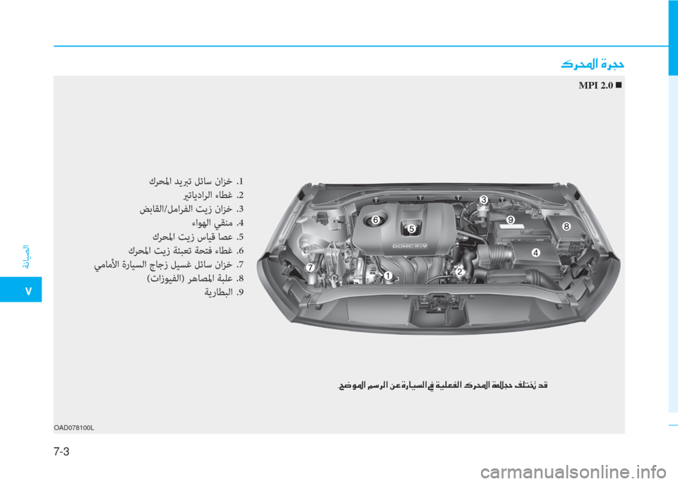 Hyundai Elantra 2019  دليل المالك 7-3
�م
ﺔﻧﺎﻴﺼﻟا
OAD078100L
�ﺌ�ﱃ�و�ﳌ�ن�s�ﱃ�ﻒ�ﻓ
كﺮﺤﳌا ﺪﻳﱪﺗ ﻞﺋﺎﺳ ناﺰﺧ  .1
 يرﺗﺎﻳداﺮﻟا ءﺎﻄﻏ  .2
ﺾﺑﺎﻘﻟا/ﻞﻣاﺮ