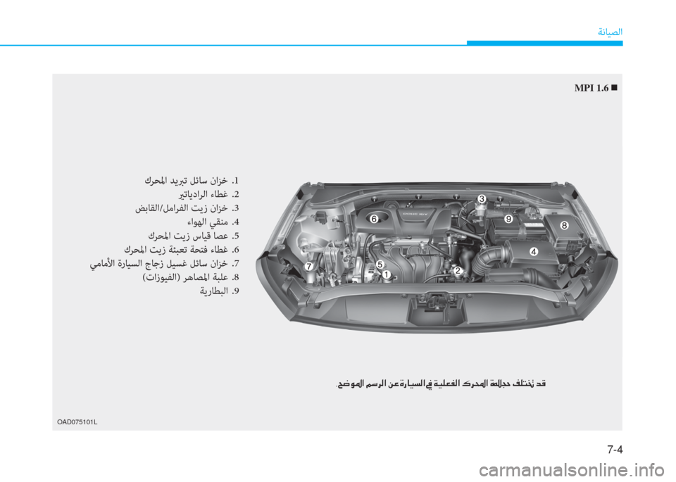 Hyundai Elantra 2019  دليل المالك 7-4
ﺔﻧﺎﻴﺼﻟا
OAD075101L
كﺮﺤﳌا ﺪﻳﱪﺗ ﻞﺋﺎﺳ ناﺰﺧ  .1
 يرﺗﺎﻳداﺮﻟا ءﺎﻄﻏ  .2
ﺾﺑﺎﻘﻟا/ﻞﻣاﺮﻔﻟا ﺖﻳز ناﺰﺧ  .3
ءا