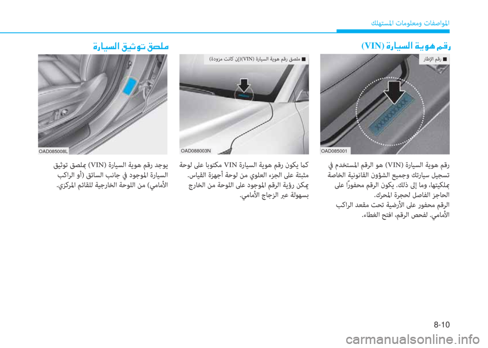 Hyundai Elantra 2019  دليل المالك 8-10
 ﻚﻠﻬﺘﺴﳌا تﺎﻣﻮﻠﻌﻣو تﺎﻔﺻاﻮﳌا
�s�ق�ﺷ�®�ﺢ�ﴫ�ﳌ�ن�ث�®�ﻏ�o�ﻋ�ن�ث�ﺜ�6�ؤ(VIN)�ن�s�ق�ﺷ�®�ﺢ�ﴫ�ﳌ�ن�a�h�o�F�ن�ئي�B�ق
 ﺔﺣﻮﻟ