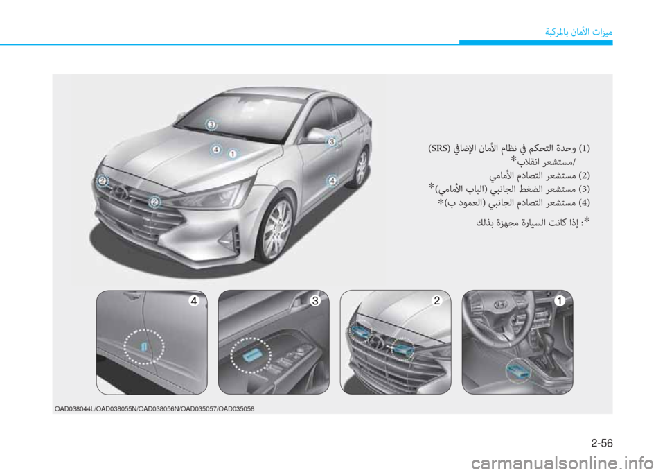 Hyundai Elantra 2019  دليل المالك 2-56
ﺔﺒﻛﺮﳌﺎﺑ نﺎﻣﻷا تاﺰﻴﻣ
OAD038044L/OAD038055N/OAD038056N/OAD035057/OAD035058
(SRS) ﰲﺎﺿﻹا نﺎﻣﻷا مﺎﻈﻧ ﰲ ﻢﻜﺤﺘﻟا ةﺪﺣو  (1) 
*بﻼ