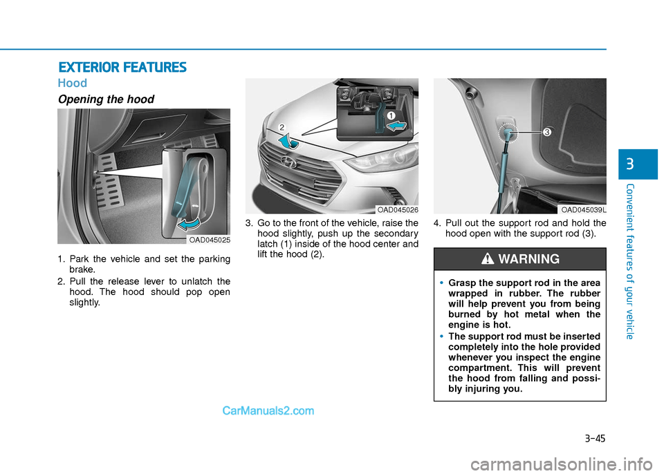 Hyundai Elantra 2018  Owners Manual 3-45
Convenient features of your vehicle
3
E
EX
X T
TE
ER
R I
IO
O R
R 
 F
F E
E A
A T
TU
U R
RE
ES
S
Hood
Opening the hood 
1. Park the vehicle and set the parking
brake.
2. Pull the release lever to