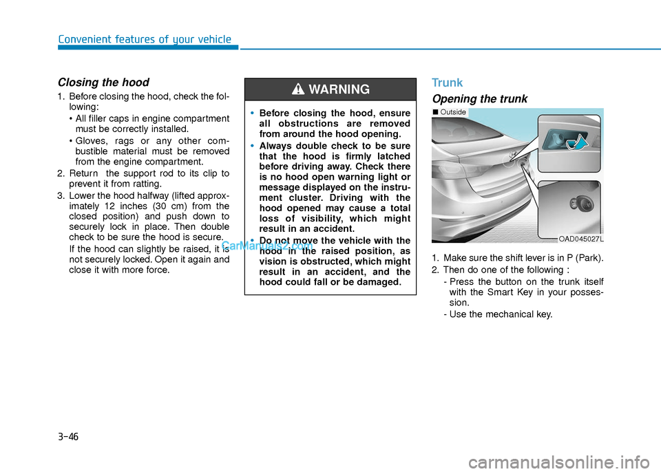 Hyundai Elantra 2018 Owners Manual 3-46
Convenient features of your vehicle
Closing the hood
1. Before closing the hood, check the fol-lowing:
must be correctly installed.
bustible material must be removed
from the engine compartment Hyundai Elantra 2018 Owners Manual 3-46
Convenient features of your vehicle
Closing the hood
1. Before closing the hood, check the fol-lowing:
must be correctly installed.
bustible material must be removed
from the engine compartment