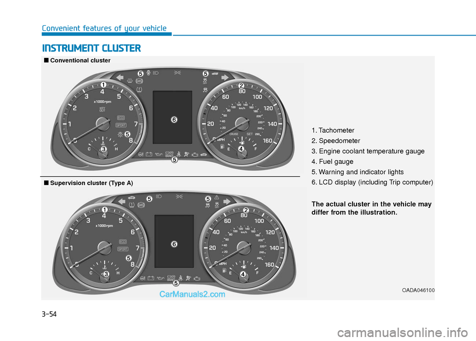 Hyundai Elantra 2018  Owners Manual 3-54
Convenient features of your vehicle
I
IN
N S
ST
T R
R U
U M
M E
EN
N T
T 
 C
C L
LU
U S
ST
T E
ER
R
1. Tachometer 
2. Speedometer
3. Engine coolant temperature gauge
4. Fuel gauge
5. Warning and 