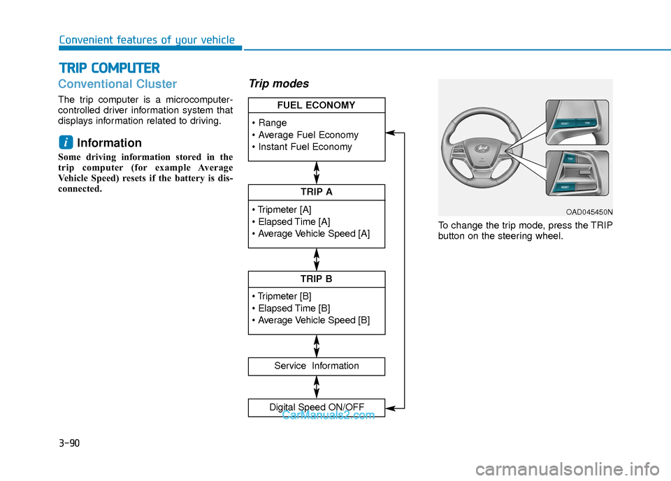 Hyundai Elantra 2018 Owners Manual 3-90
Convenient features of your vehicle
Conventional Cluster
The trip computer is a microcomputer-
controlled driver information system that
displays information related to driving.
Information
So Hyundai Elantra 2018 Owners Manual 3-90
Convenient features of your vehicle
Conventional Cluster
The trip computer is a microcomputer-
controlled driver information system that
displays information related to driving.
Information
So