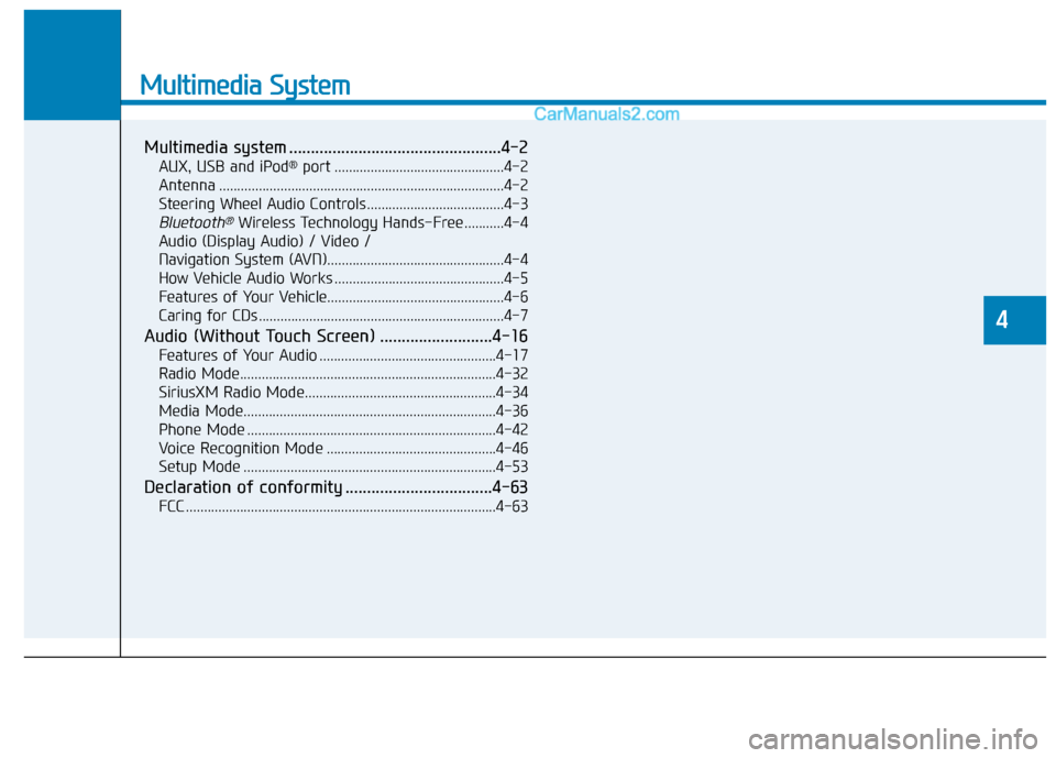 Hyundai Elantra 2018  Owners Manual Multimedia System
Multimedia system .................................................4-2
AUX, USB and iPod®port ...............................................4-2
Antenna ............................