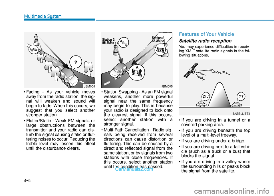 Hyundai Elantra 2018 Owners Manual Fading - As your vehicle movesaway from the radio station, the sig-
nal will weaken and sound will
begin to fade. When this occurs, we
suggest that you select another
stronger station.
Flutter/Stati Hyundai Elantra 2018 Owners Manual Fading - As your vehicle movesaway from the radio station, the sig-
nal will weaken and sound will
begin to fade. When this occurs, we
suggest that you select another
stronger station.
Flutter/Stati