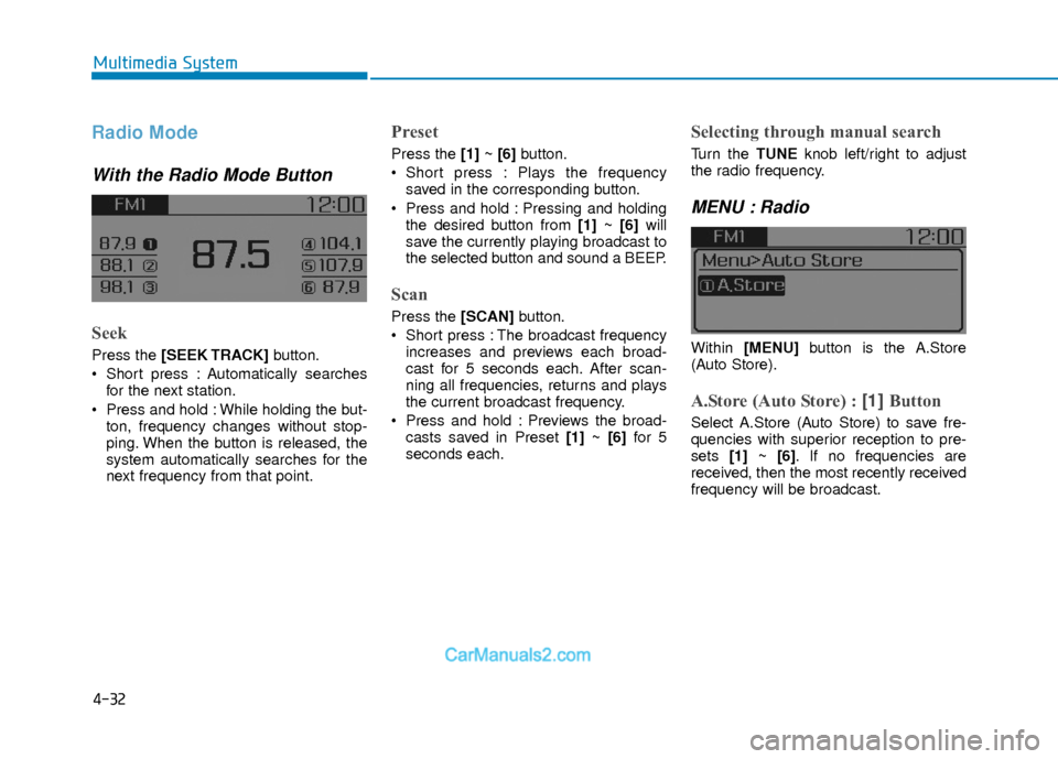 Hyundai Elantra 2018  Owners Manual 4-32
Multimedia System
Radio Mode
With the Radio Mode Button
Seek
Press the [SEEK TRACK]button.
 Short press : Automatically searches for the next station.
 Press and hold : While holding the but- ton