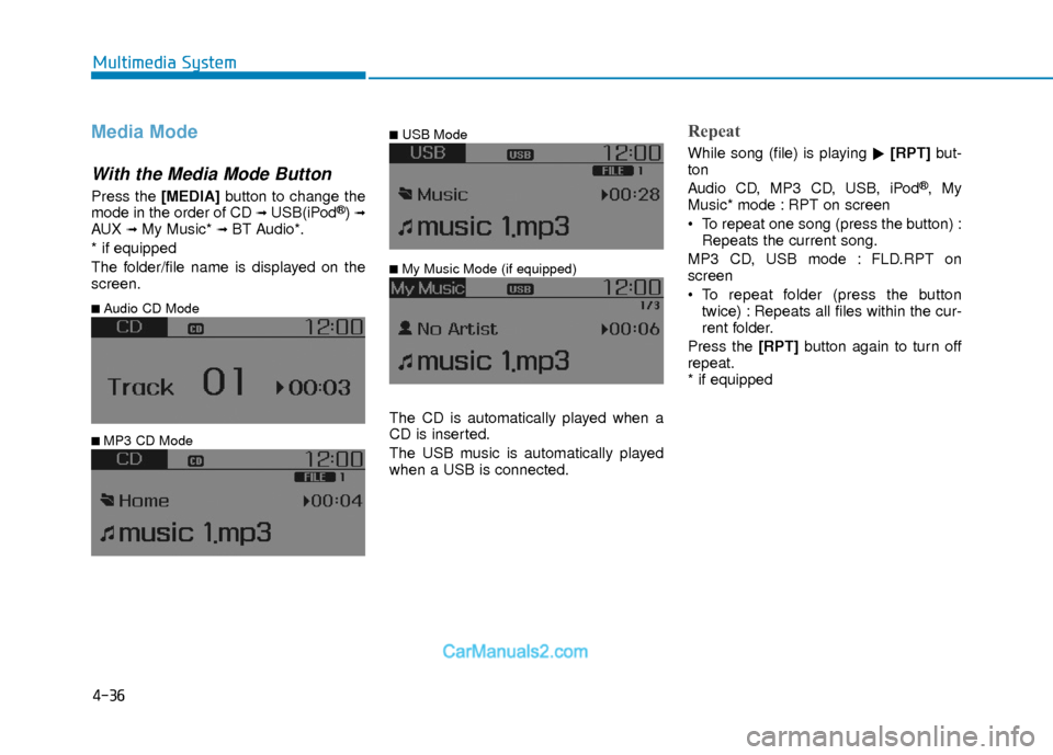 Hyundai Elantra 2018  Owners Manual 4-36
Multimedia System
Media Mode
With the Media Mode Button
Press the [MEDIA]button to change the
mode in the order of CD ➟ USB(iPod®) ➟AUX ➟ My Music*➟ BT Audio*.
* if equipped
The folder/f