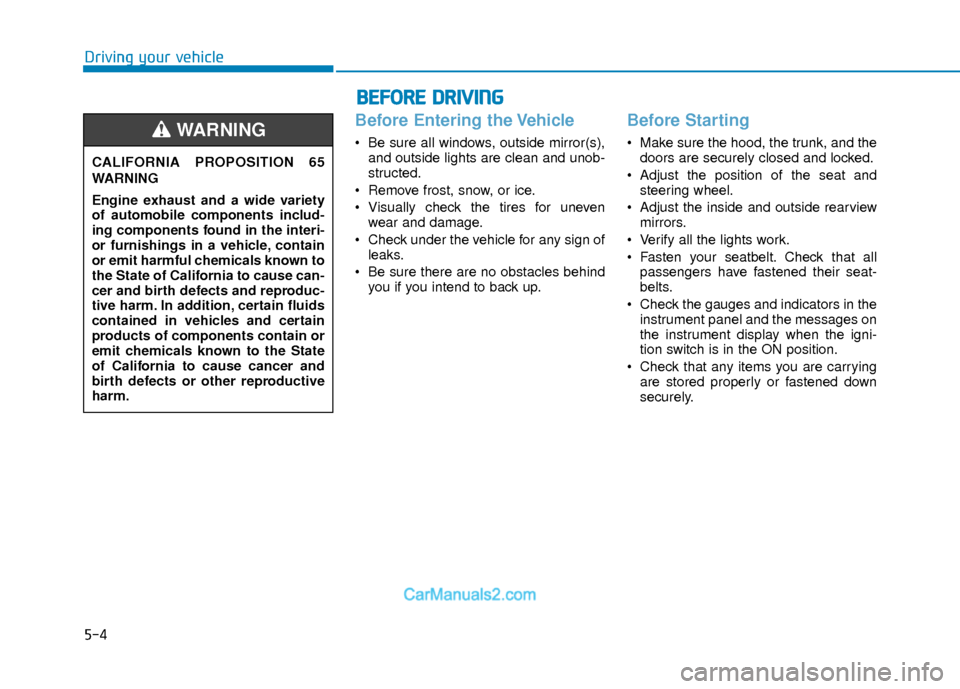 Hyundai Elantra 2018 Owners Manual 5-4
Driving your vehicle
Before Entering the Vehicle
• Be sure all windows, outside mirror(s),and outside lights are clean and unob-
structed.
Remove frost, snow, or ice.
Visually check the tires Hyundai Elantra 2018 Owners Manual 5-4
Driving your vehicle
Before Entering the Vehicle
• Be sure all windows, outside mirror(s),and outside lights are clean and unob-
structed.
Remove frost, snow, or ice.
Visually check the tires