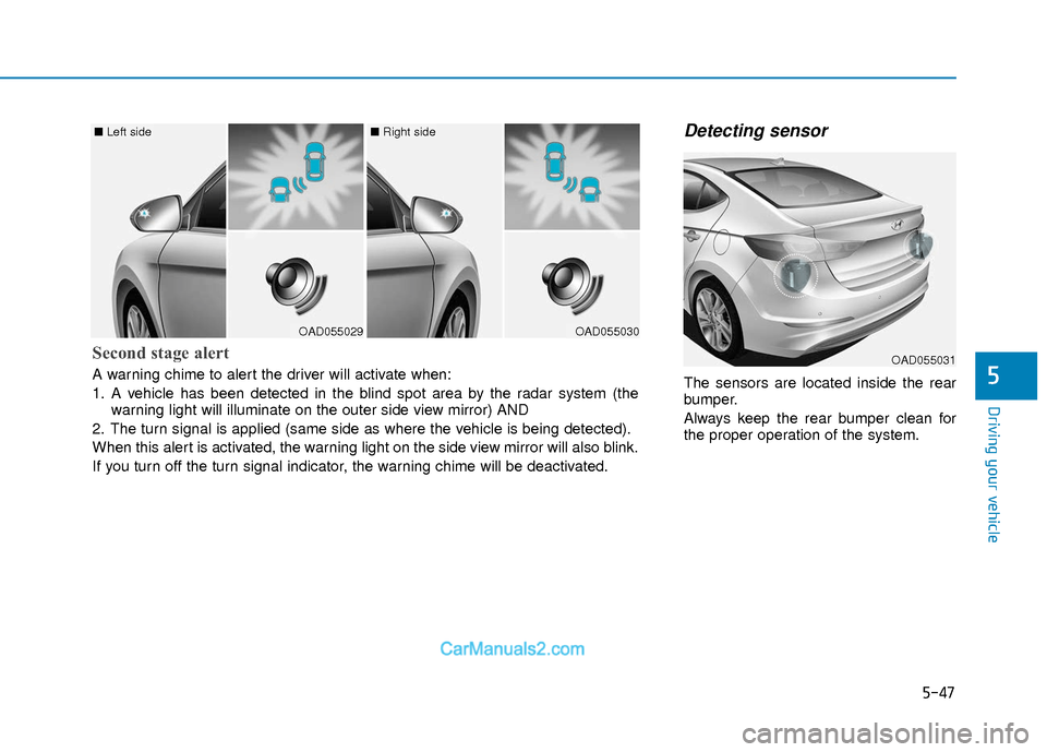 Hyundai Elantra 2018  Owners Manual 5-47
Driving your vehicle
5
Detecting sensor
The sensors are located inside the rear
bumper.
Always keep the rear bumper clean for
the proper operation of the system.
OAD055029
■ Left side
OAD055030