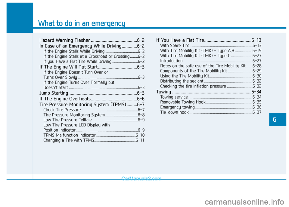 Hyundai Elantra 2018  Owners Manual What to do in an emergency
6
Hazard Warning Flasher .......................................6-2
In Case of an Emergency While Driving.............6-2
If the Engine Stalls While Driving ................