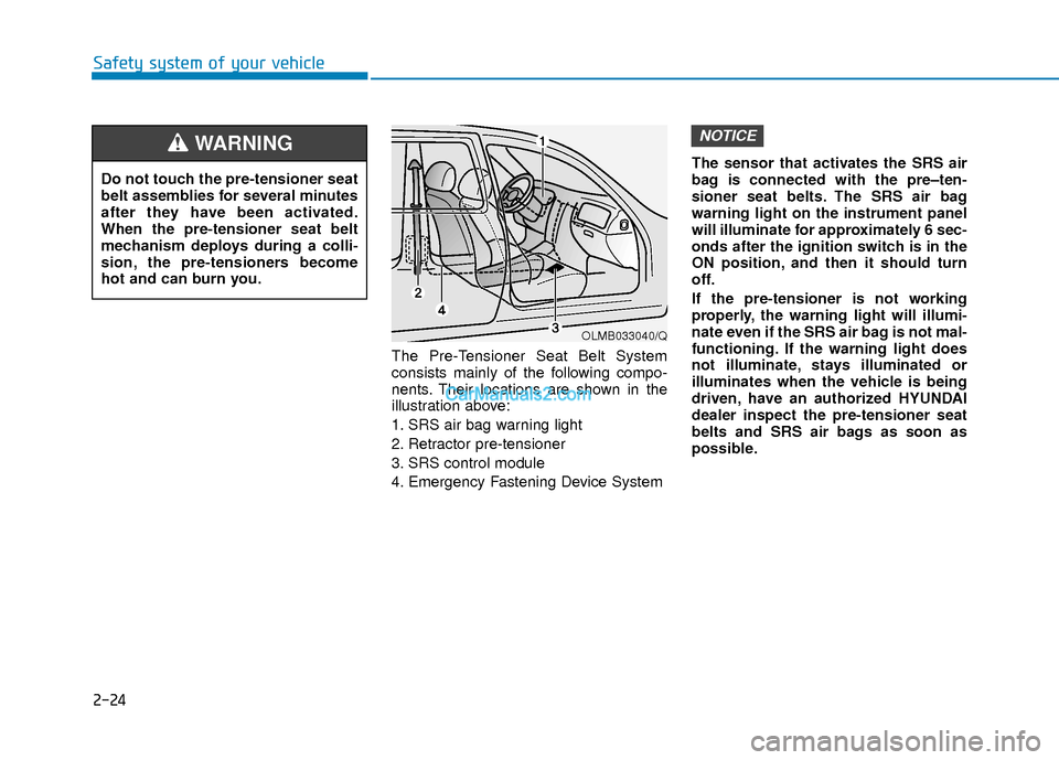 Hyundai Elantra 2018  Owners Manual 2-24
Safety system of your vehicle
The Pre-Tensioner Seat Belt System
consists mainly of the following compo-
nents. Their locations are shown in the
illustration above:
1. SRS air bag warning light
2