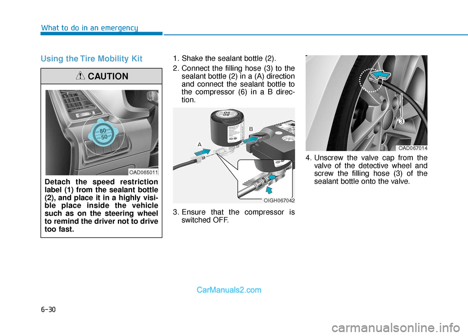 Hyundai Elantra 2018 Owners Manual 6-30
What to do in an emergency
Using the Tire Mobility Kit1. Shake the sealant bottle (2).
2. Connect the filling hose (3) to thesealant bottle (2) in a (A) direction
and connect the sealant bottle t Hyundai Elantra 2018 Owners Manual 6-30
What to do in an emergency
Using the Tire Mobility Kit1. Shake the sealant bottle (2).
2. Connect the filling hose (3) to thesealant bottle (2) in a (A) direction
and connect the sealant bottle t
