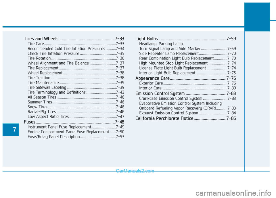 Hyundai Elantra 2018  Owners Manual 7
Tires and Wheels .................................................7-33
Tire Care ........................................................................\
....7-33
Recommended Cold Tire Inflation Pr