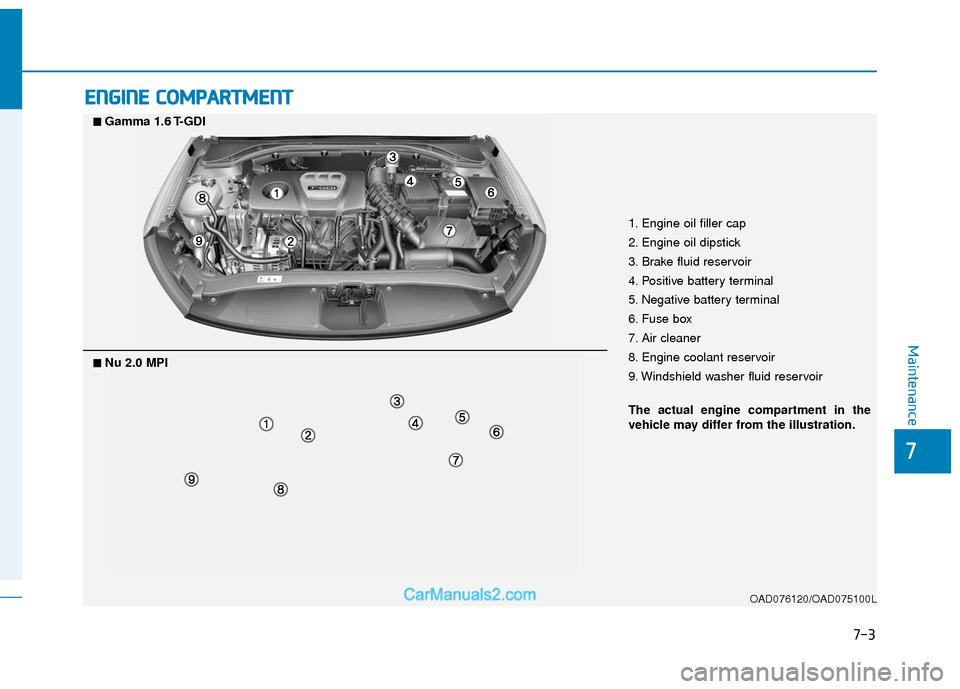 Hyundai Elantra 2018  Owners Manual 7-3
7
Maintenance
E
EN
N G
GI
IN
N E
E 
 C
C O
O M
M P
PA
A R
RT
TM
M E
EN
N T
T 
 
OAD076120/OAD075100L
■
■Nu 2.0 MPI
■
■Gamma 1.6 T-GDI
1. Engine oil filler cap
2. Engine oil dipstick
3. Bra