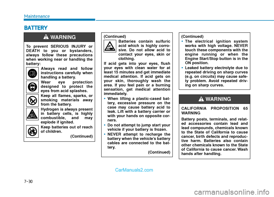 Hyundai Elantra 2018  Owners Manual 7-30
Maintenance
B
BA
A T
TT
TE
ER
R Y
Y
To prevent SERIOUS INJURY or
DEATH to you or bystanders,
always follow these precautions
when working near or handling the
battery:
Always read and follow
inst