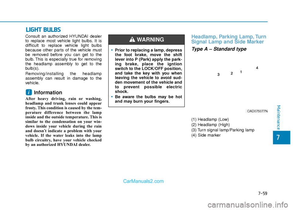 Hyundai Elantra 2018  Owners Manual 7-59
7
Maintenance
L
LI
IG
G H
H T
T 
 B
B U
U L
LB
B S
S
Consult an authorized HYUNDAI dealer
to replace most vehicle light bulbs. It is
difficult to replace vehicle light bulbs
because other parts o