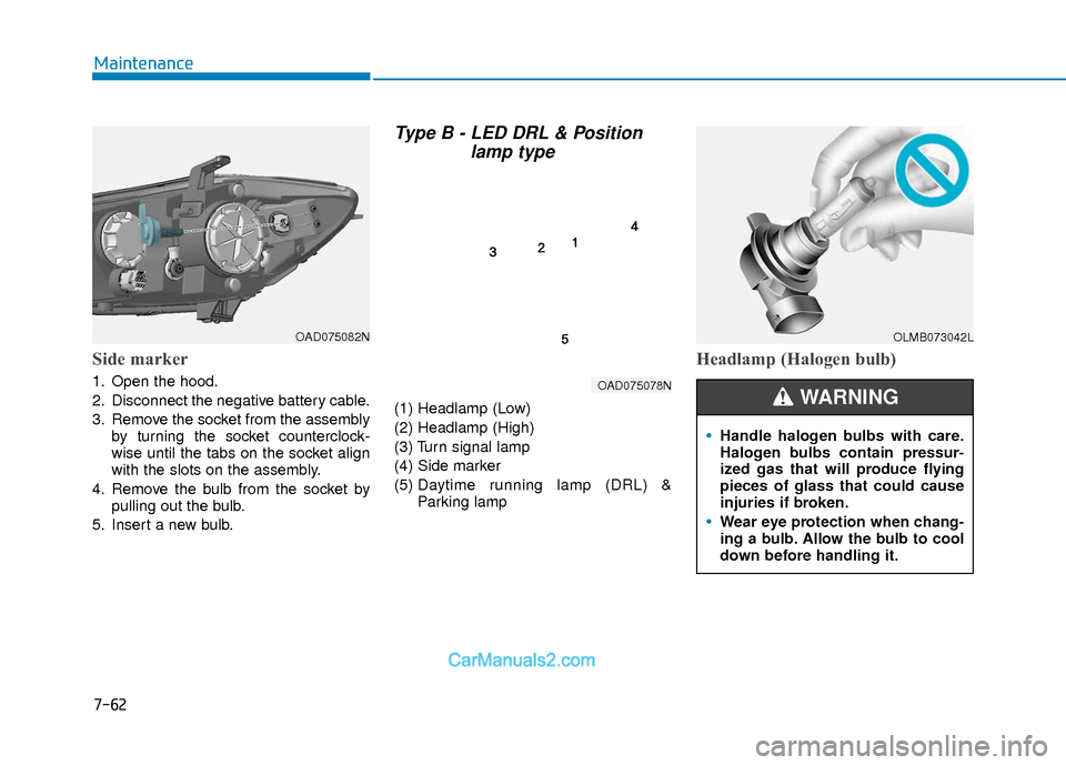 Hyundai Elantra 2018  Owners Manual 7-62
Maintenance
Side marker
1. Open the hood.
2. Disconnect the negative battery cable.
3. Remove the socket from the assemblyby turning the socket counterclock-
wise until the tabs on the socket ali