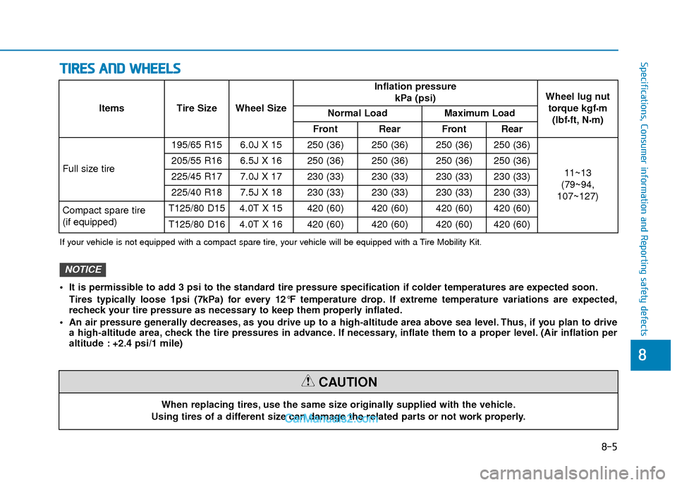 Hyundai Elantra 2018  Owners Manual T
TI
IR
R E
ES
S 
 A
A N
N D
D 
 W
W H
HE
EE
EL
LS
S
8-5
88
Specifications, Consumer information and Reporting safety defects
When replacing tires, use the same size originally supplied with the vehic