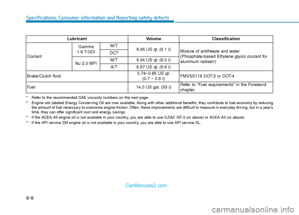 Hyundai Elantra 2018  Owners Manual 8-8
Specifications, Consumer information and Reporting safety defects
*1: Refer to the recommended SAE viscosity numbers on the next page.
*2: Engine oils labeled Energy Conserving Oil are now availab