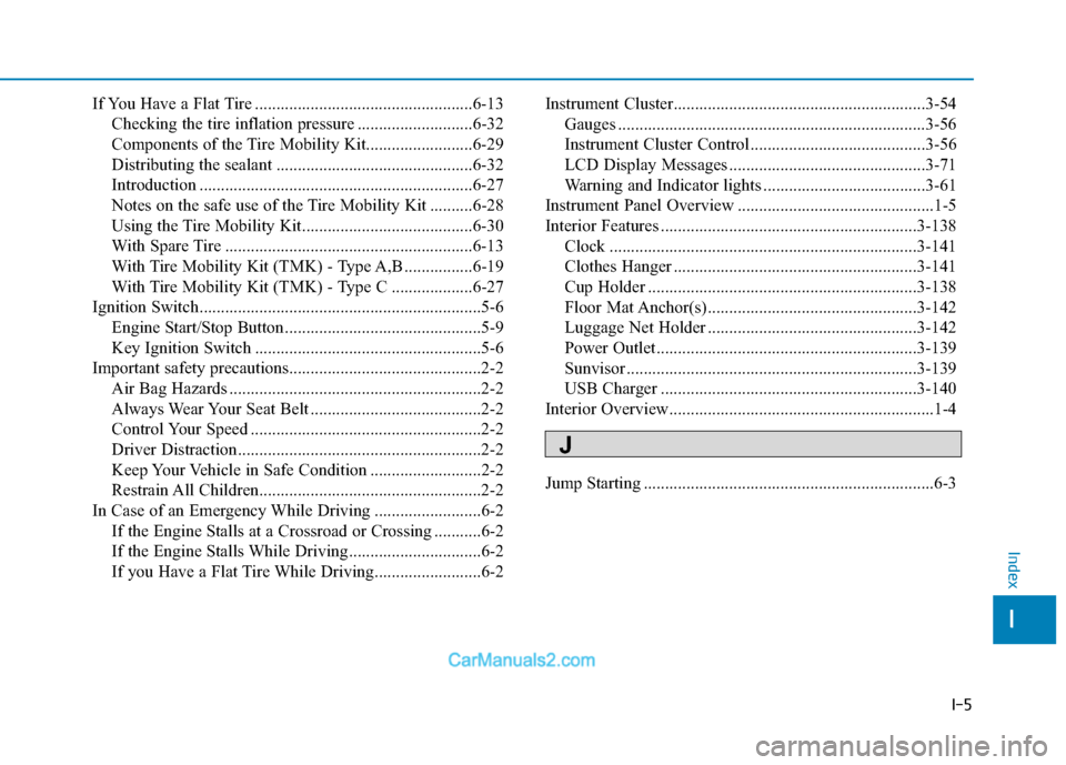 Hyundai Elantra 2018  Owners Manual I-5
If You Have a Flat Tire ...................................................6-13Checking the tire inflation pressure ...........................6-32
Components of the Tire Mobility Kit.............
