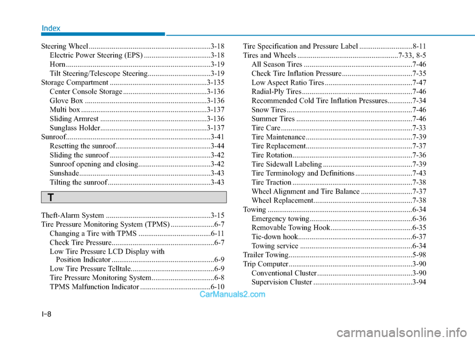 Hyundai Elantra 2018  Owners Manual I-8
Steering Wheel ................................................................3-18Electric Power Steering (EPS) ...................................3-18
Horn ......................................