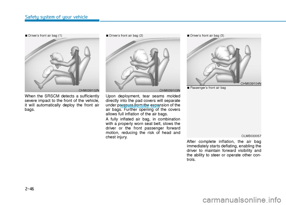 Hyundai Elantra 2018  Owners Manual 2-46
Safety system of your vehicle
When the SRSCM detects a sufficiently
severe impact to the front of the vehicle,
it will automatically deploy the front air
bags.Upon deployment, tear seams molded
d