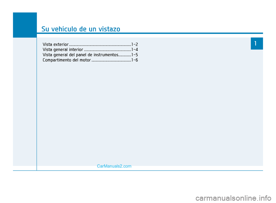 Hyundai Elantra 2018  Manual del propietario (in Spanish) Su vehículo de un vistazo
1
Su vehículo de un vistazo
Vista exterior ..........................................................1-2
Vista general interior ............................................