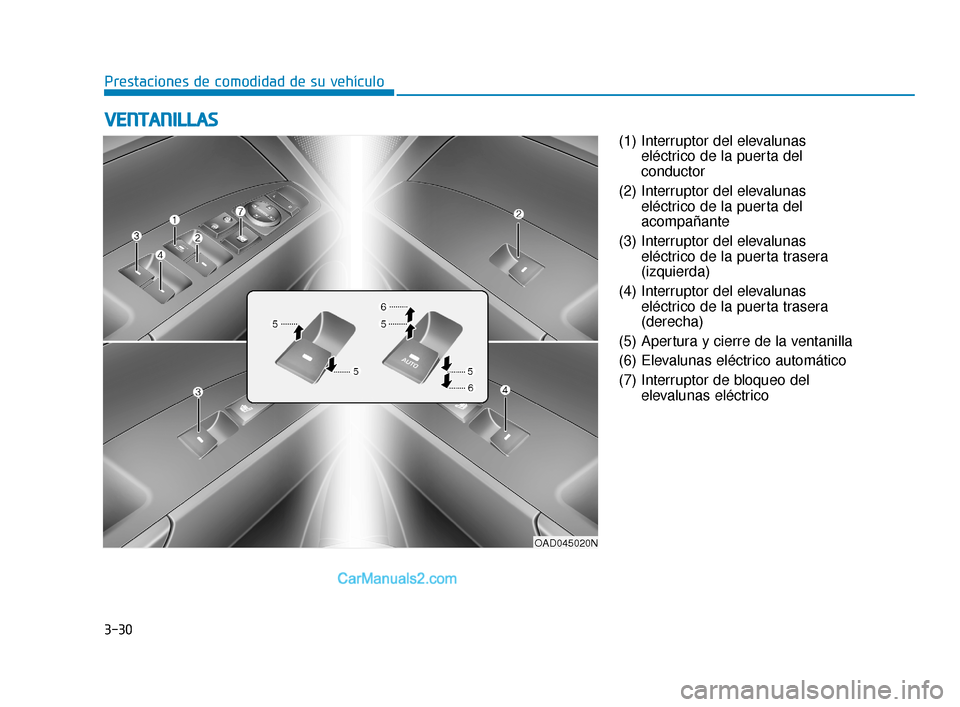 Hyundai Elantra 2018 Manual del propietario (in Spanish) 3-30
Prestaciones de comodidad de su vehículo(1) Interruptor del elevalunaseléctrico de la puerta del
conductor
(2) Interruptor del elevalunas eléctrico de la puerta del
acompañante
(3) Interrupto Hyundai Elantra 2018 Manual del propietario (in Spanish) 3-30
Prestaciones de comodidad de su vehículo(1) Interruptor del elevalunaseléctrico de la puerta del
conductor
(2) Interruptor del elevalunas eléctrico de la puerta del
acompañante
(3) Interrupto