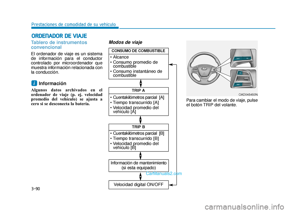 Hyundai Elantra 2018  Manual del propietario (in Spanish) 3-90
Prestaciones de comodidad de su vehículo
Tablero de instrumentos
convencional
El ordenador de viaje es un sistema
de información para el conductor
controlado por microordenador que
muestra info