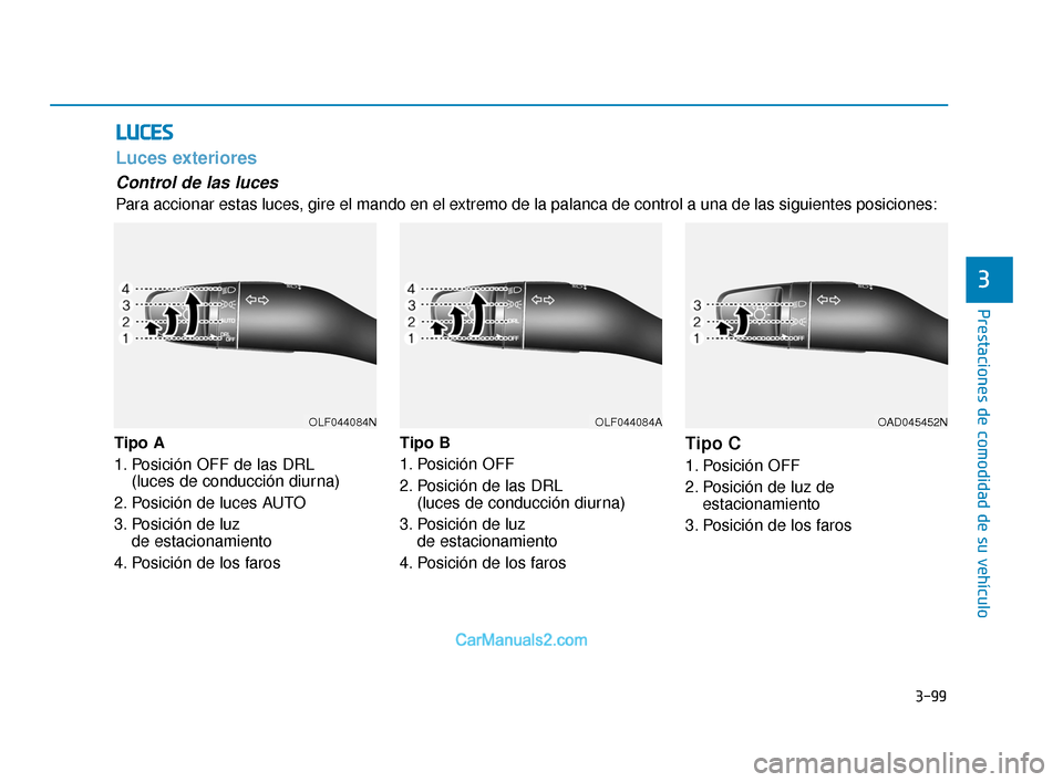 Hyundai Elantra 2018  Manual del propietario (in Spanish) L
LU
U C
CE
E S
S
Tipo A
1. Posición OFF de las DRL 
(luces de conducción diurna)
2. Posición de luces AUTO
3. Posición de luz  de estacionamiento
4. Posición de los faros Tipo B
1. Posición OFF