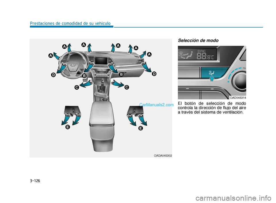 Hyundai Elantra 2018  Manual del propietario (in Spanish) 3-126
Prestaciones de comodidad de su vehículo
Selección de modo
El botón de selección de modo
controla la dirección de flujo del aire
a través del sistema de ventilación.
OADA045302
OAD045314
